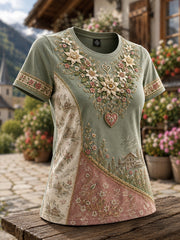 Damen-T-Shirt im österreichischen Landhausstil mit Kunstdruck und kurzen Ärmeln