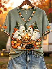 Damen Halloween Geister Gemütliches Herbst Camping Print Kurzarm T-Shirt