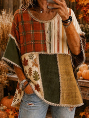 Damen-Herbst-Thanksgiving-Plaid-Laufblätter-bedrucktes Freizeit-Oberteil