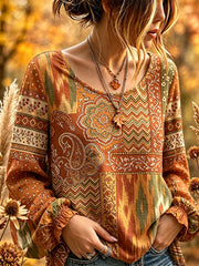Damen-Weinlese-Herbst-Shirt aus Baumwolle-Leinen im ethnischen Patchwork-Print