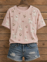 Damen-T-Shirt mit Blumen- und Pudelmotiv