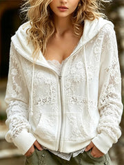 Damen-Kapuzenpullover im stilvollen Boho-Stil mit weißem Blumenmotiv und durchgehendem Reißverschluss