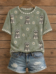Damen-T-Shirt mit Blumenmuster und Schnauzer
