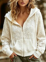 Damen-Kapuzenpullover im stilvollen Boho-Stil mit weißem Blumenmotiv und durchgehendem Reißverschluss
