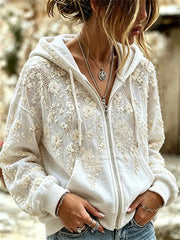 Damen-Kapuzenpullover im stilvollen Boho-Stil mit weißem Blumenmotiv und durchgehendem Reißverschluss