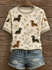 Damen-T-Shirt mit Blumenmuster und Dackelmotiv