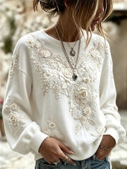 Damen-Kapuzenpullover im edlen Boho-Stil mit weißem Rosen-Blumenkunstdruck