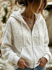 Damen-Kapuzenpullover im stilvollen Boho-Stil mit weißem Blumenmotiv und durchgehendem Reißverschluss