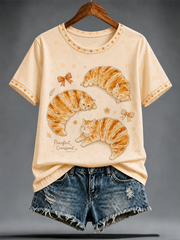 Damen-T-Shirt mit niedlichem Katzen-Print und kurzen Ärmeln