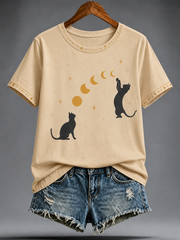 Damen-T-Shirt mit niedlichem Katzen-Print und kurzen Ärmeln
