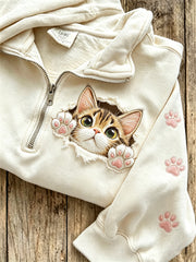 Damen-Sweatshirt mit niedlichem Katzenmuster, lässig, halber Reißverschluss