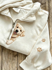 Damen-Sweatshirt mit niedlichem Hunde-Muster, lässig, halber Reißverschluss