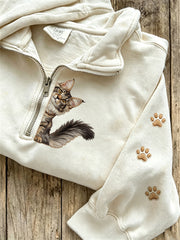 Damen Sweatshirt mit niedlichem Katzen muster gedruckt, mit halbem Reiß verschluss