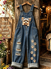 Damenhose mit Tiermotiv und Hundezipper, kunstvoll bedruckt, trägerlos