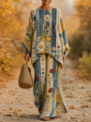 Damen-Set aus fließendem Leinen mit klassischem Spitzen- und Blumen-Art-Print für den Herbst