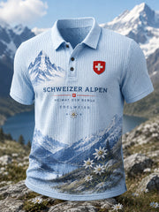 Herren-Poloshirt aus Waffelstrick mit kurzen Ärmeln und Schneeberg-Print