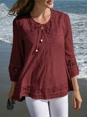 Damen-Boho-Lace-Patchwork-Tunika aus fließendem Leinen mit Bindebändern