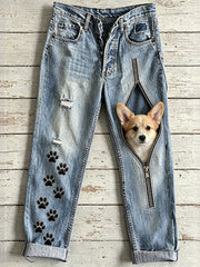 Damen-Jeans mit Tierhund-Motiv und Reißverschluss-Print