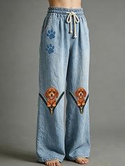 Damen-Hose mit Tierhund-Motiv und Reißverschluss-Druck