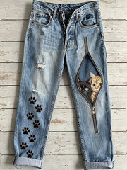 Damen-Jeans mit Tierkatzen-Motiv und Reißverschluss-Druck