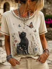 Damen-Cat-Print-Lässiges Kurzarm-T-Shirt
