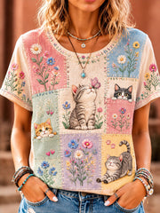 Damen-T-Shirt mit Katzen-Aufnäher-Print, lässig, kurzärmlig