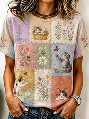 Damen-T-Shirt mit Katzen-Aufnäher-Print, lässig, kurzärmlig