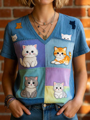 Damen-T-Shirt mit Katzen-Aufnäher-Print, lässig, kurzärmlig