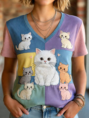 Damen-T-Shirt mit Katzen-Aufnäher-Print, lässig, kurzärmlig