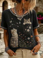 Damen-Cat-Print-Lässiges Kurzarm-T-Shirt