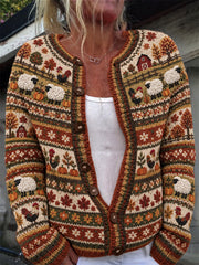 Damen-Strickjacke im Cardigan-Stil mit Herbstmotiv: Bauernhoftiere, Erntezeit und Insel‑Print