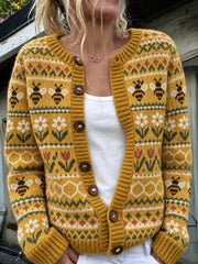 Damen-Strickjacke im Vintage-Stil mit Blumen‑ und Bienenmotiven sowie Isle‑Muster im Cardigan‑Design