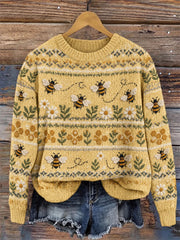 Damen-Vintage-Pullover mit Rundhalsausschnitt, floralem Isle-Print, fliegenden Bienen und Gänseblümchen