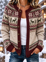 Damen-Strickjacke im nordischen Stil mit Elchmuster – lässiger Cardigan‑Style