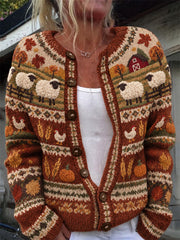Damen-Strickjacke im Cardigan-Stil mit Herbstmotiv: Bauernhoftiere, Erntezeit und Insel‑Print