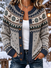 Damen-Strickjacke im nordischen Stil mit Elchmuster – lässiger Cardigan‑Style