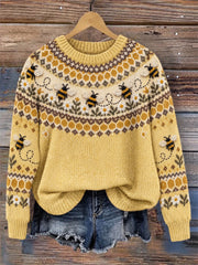 Damen-Vintage-Pullover mit Rundhalsausschnitt, Fliegende-Bienen- und Gänseblümchen-Muster sowie Isle-Print