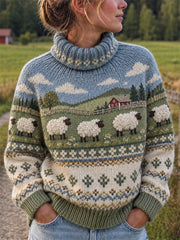 Damen-Vintage-Strickpullover mit kuscheliger Oberfläche, Schafsfarm-Landschafts‑ und Inselmuster sowie Rollkragen