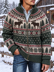 Herren-Strickjacke im nordischen Stil mit Elchmuster, lässig, mit Reißverschluss