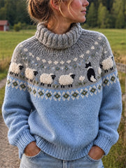 Damen-Vintage-Rollkragenpullover mit Border‑Collie‑ und flauschigen Schafen auf der Isle‑Musterung
