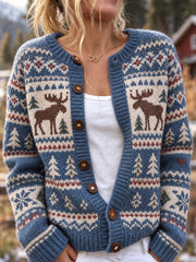 Damen-Strickjacke im Vintage-Stil mit Elchinsel-Print