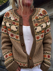 Damen-Strickjacke im Cardigan-Stil mit Herbstmotiv: Bauernhoftiere, Erntezeit und Insel‑Print