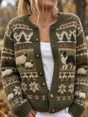 Damen-Strickjacke im Vintage-Stil mit Border‑Collie‑ und flauschigen Schafen auf der Insel – im Cardigan‑Design
