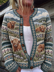 Damen-Strickjacke im Vintage-Stil mit Hochlandrindern und Insel-Landschaftsmotiv