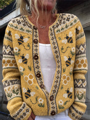 Damen-Strickjacke im Vintage-Stil mit fliegenden Bienen, Wabenmuster und floraler Insel‑Motiv-Strickjacke