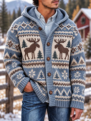 Herren-Vintage-Kapuzen-Strickjacke mit Elchinsel-Print