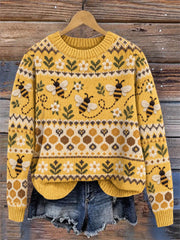 Damen-Vintage-Strickpullover mit Rundhalsausschnitt, floralem Isle-Muster und fliegenden Bienen sowie Gänseblümchen