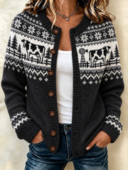 Lässige Strickjacke im Cardigan-Stil mit aufgedrucktem Muster von Bauernkühen für Damen