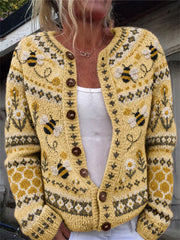 Damen-Strickjacke im Vintage-Stil mit fliegenden Bienen, Wabenmuster und floraler Insel‑Motiv-Strickjacke