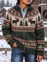 Herren-Strickjacke im nordischen Stil mit Elchmuster, lässig, mit Reißverschluss